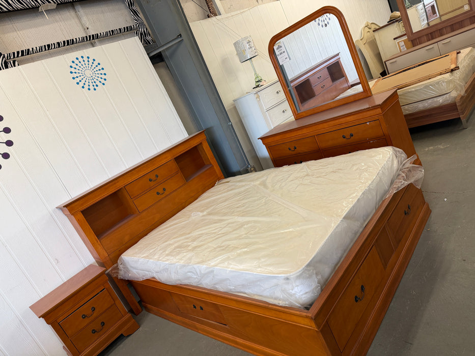 Queen Wood Headboard, Footboard, Dresser with mirror & Nightstand